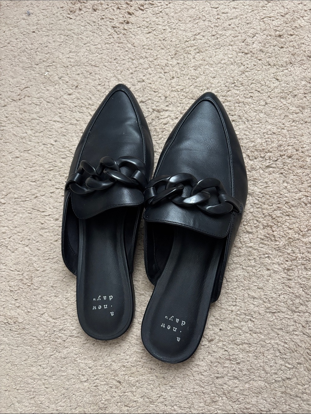 a new day Black Pointed Mule Loafers with Chain Accent